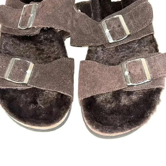 Royal Class Shoes Sz 10 Suede Leather Faux Fur Footbed Sandals Adjustable Brown - Picture 10 of 10